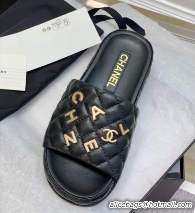 Durable Chanel Quilted Lambskin Platform Slide Sandals with CHANEL Letters Black 525088