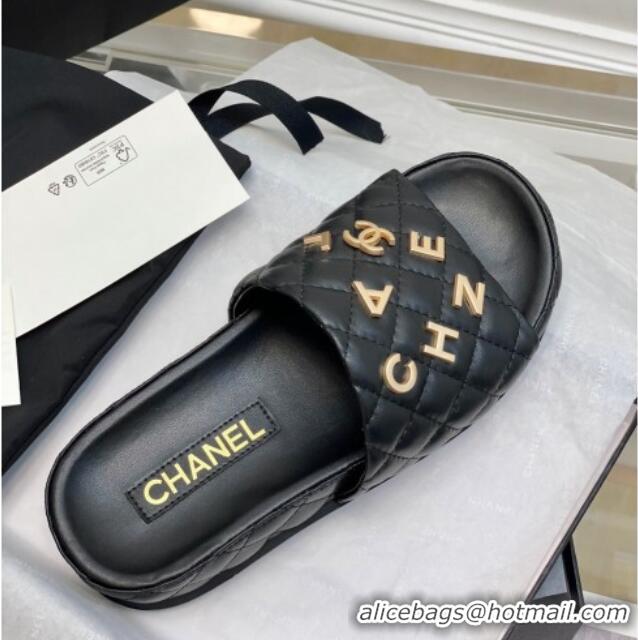 Durable Chanel Quilted Lambskin Platform Slide Sandals with CHANEL Letters Black 525088