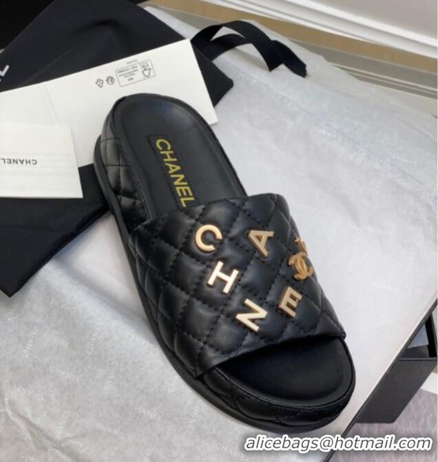 Durable Chanel Quilted Lambskin Platform Slide Sandals with CHANEL Letters Black 525088