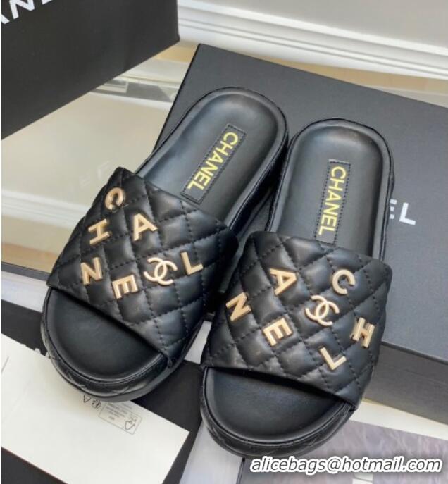 Durable Chanel Quilted Lambskin Platform Slide Sandals with CHANEL Letters Black 525088