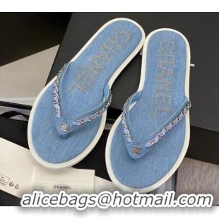 Most Popular Chanel Denim Flat Thong Slide Sandals Light Blue 525090