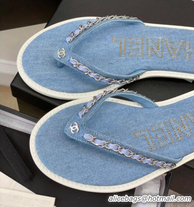 Most Popular Chanel Denim Flat Thong Slide Sandals Light Blue 525090