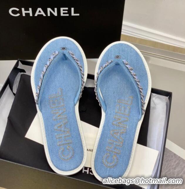 Most Popular Chanel Denim Flat Thong Slide Sandals Light Blue 525090