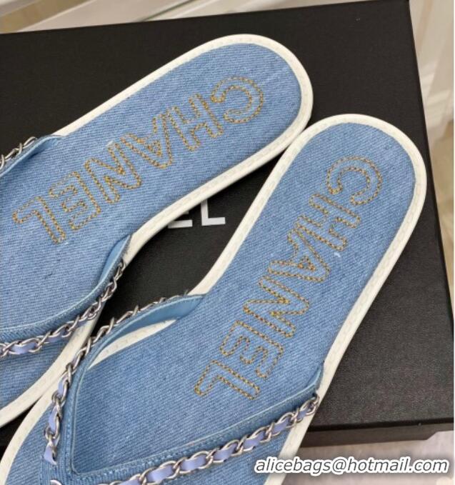 Most Popular Chanel Denim Flat Thong Slide Sandals Light Blue 525090