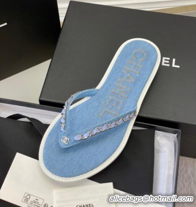 Most Popular Chanel Denim Flat Thong Slide Sandals Light Blue 525090