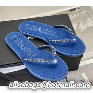 Durable Chanel Denim Flat Thong Slide Sandals Dark Blue 525091