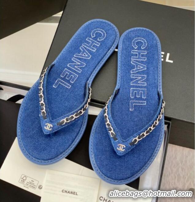 Durable Chanel Denim Flat Thong Slide Sandals Dark Blue 525091