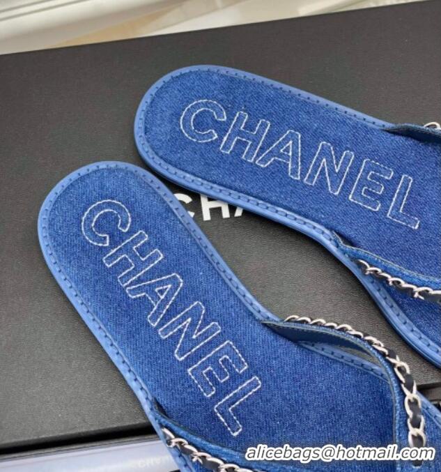 Durable Chanel Denim Flat Thong Slide Sandals Dark Blue 525091