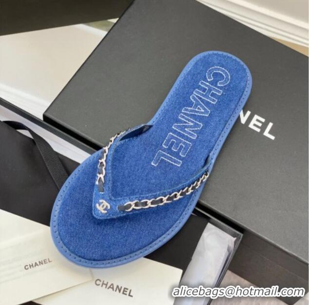 Durable Chanel Denim Flat Thong Slide Sandals Dark Blue 525091