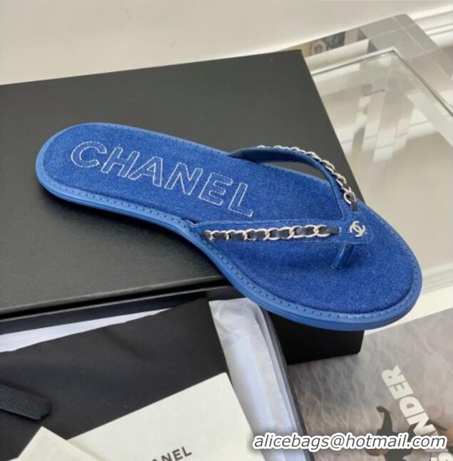 Durable Chanel Denim Flat Thong Slide Sandals Dark Blue 525091