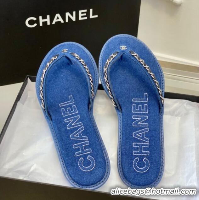 Durable Chanel Denim Flat Thong Slide Sandals Dark Blue 525091