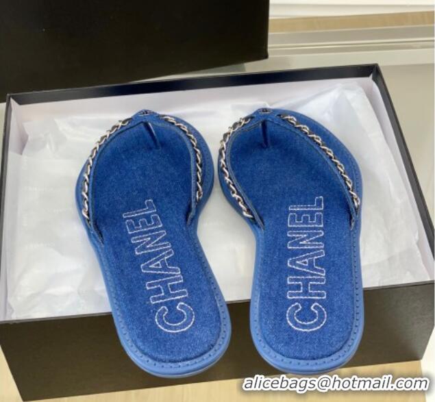 Durable Chanel Denim Flat Thong Slide Sandals Dark Blue 525091