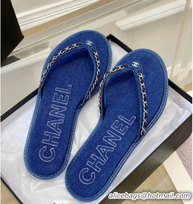 Durable Chanel Denim Flat Thong Slide Sandals Dark Blue 525091