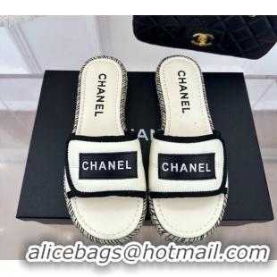 Good Quality Chanel Lambskin Flat Slide Sandals with Velcro Band White 525092