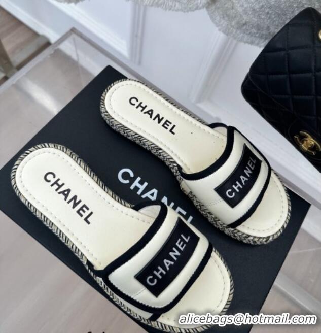 Good Quality Chanel Lambskin Flat Slide Sandals with Velcro Band White 525092