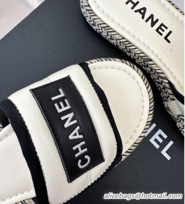 Good Quality Chanel Lambskin Flat Slide Sandals with Velcro Band White 525092