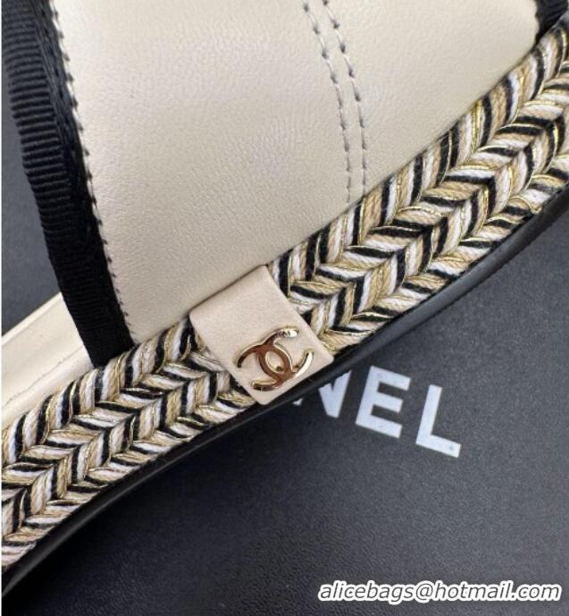 Good Quality Chanel Lambskin Flat Slide Sandals with Velcro Band White 525092