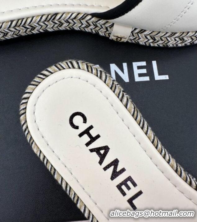 Good Quality Chanel Lambskin Flat Slide Sandals with Velcro Band White 525092