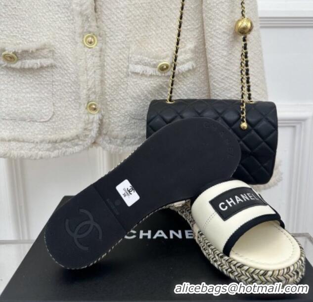 Good Quality Chanel Lambskin Flat Slide Sandals with Velcro Band White 525092