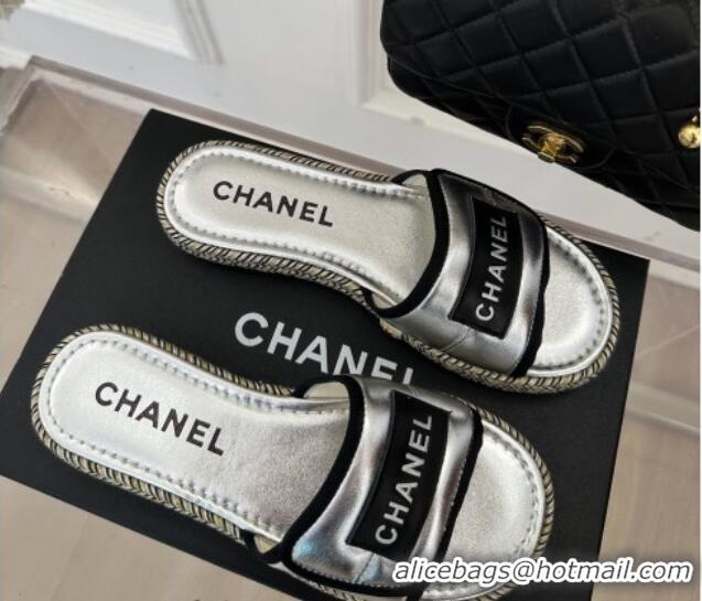 Luxurious Chanel Lambskin Flat Slide Sandals with Velcro Band Silver 525093