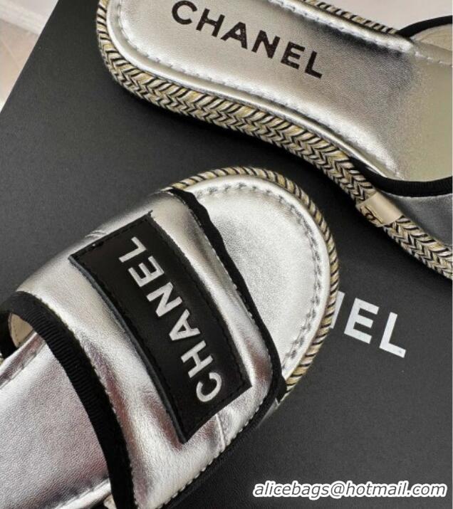 Luxurious Chanel Lambskin Flat Slide Sandals with Velcro Band Silver 525093