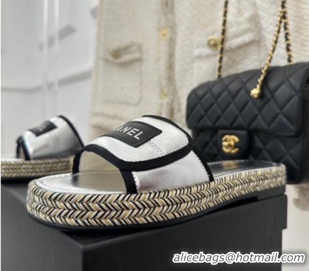 Luxurious Chanel Lambskin Flat Slide Sandals with Velcro Band Silver 525093