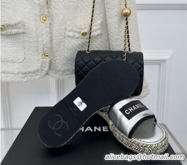 Luxurious Chanel Lambskin Flat Slide Sandals with Velcro Band Silver 525093