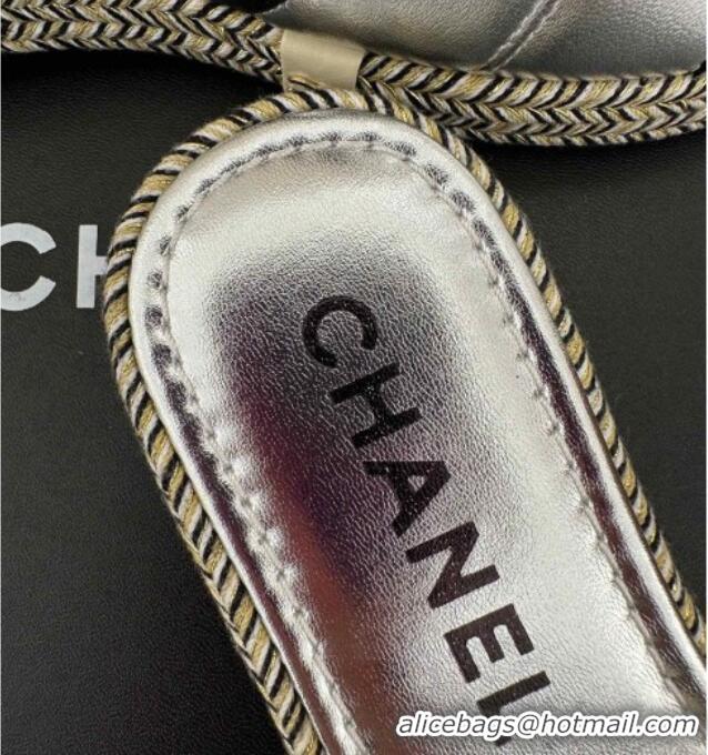 Luxurious Chanel Lambskin Flat Slide Sandals with Velcro Band Silver 525093