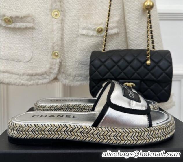 Luxurious Chanel Lambskin Flat Slide Sandals with Velcro Band Silver 525093