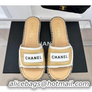 Pretty Style Chanel Lambskin Flat Slide Sandals with Velcro Band Beige 525095