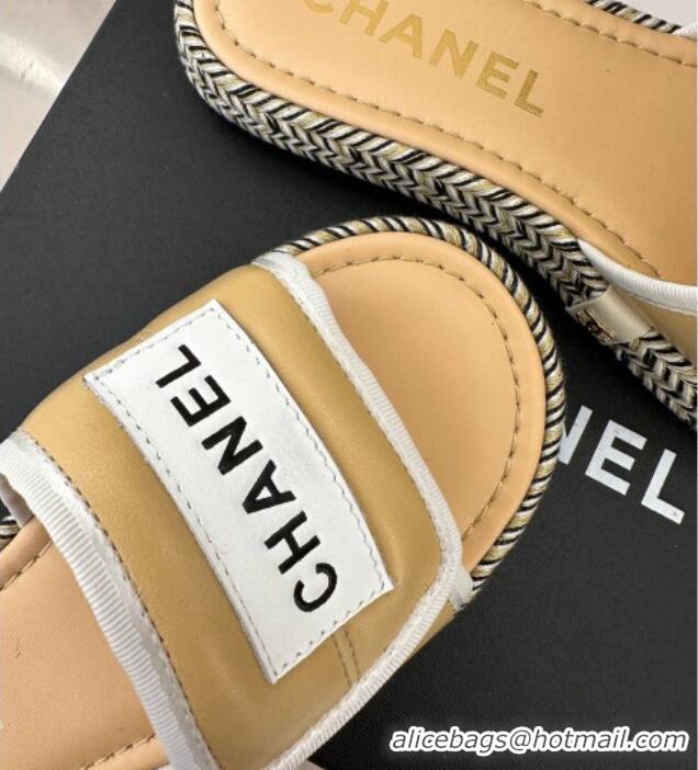 Pretty Style Chanel Lambskin Flat Slide Sandals with Velcro Band Beige 525095