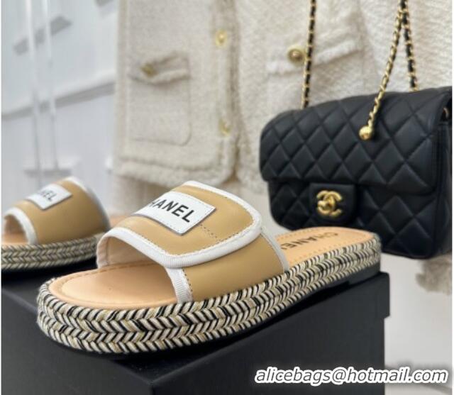 Pretty Style Chanel Lambskin Flat Slide Sandals with Velcro Band Beige 525095