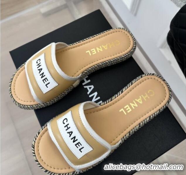 Pretty Style Chanel Lambskin Flat Slide Sandals with Velcro Band Beige 525095