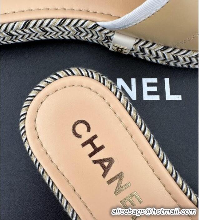 Pretty Style Chanel Lambskin Flat Slide Sandals with Velcro Band Beige 525095