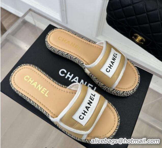 Pretty Style Chanel Lambskin Flat Slide Sandals with Velcro Band Beige 525095