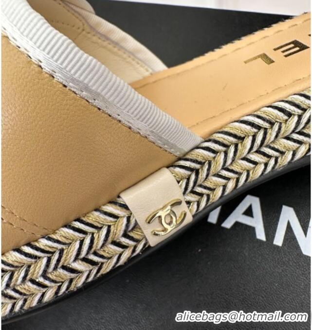 Pretty Style Chanel Lambskin Flat Slide Sandals with Velcro Band Beige 525095