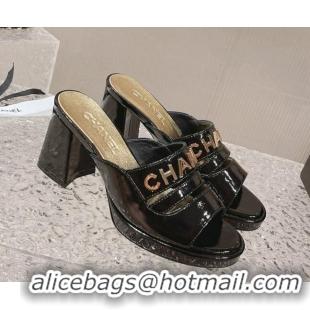 Low Cost Chanel Patent Calfskin Heel Slide Sandals 7.5cm with CHANEL Charm Black 527001