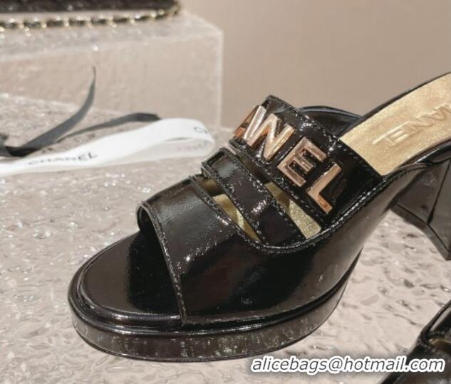 Low Cost Chanel Patent Calfskin Heel Slide Sandals 7.5cm with CHANEL Charm Black 527001