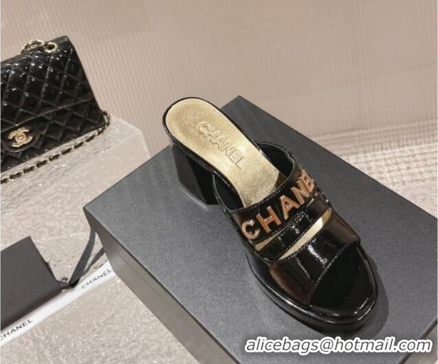 Low Cost Chanel Patent Calfskin Heel Slide Sandals 7.5cm with CHANEL Charm Black 527001