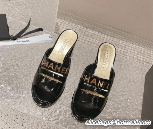 Low Cost Chanel Patent Calfskin Heel Slide Sandals 7.5cm with CHANEL Charm Black 527001