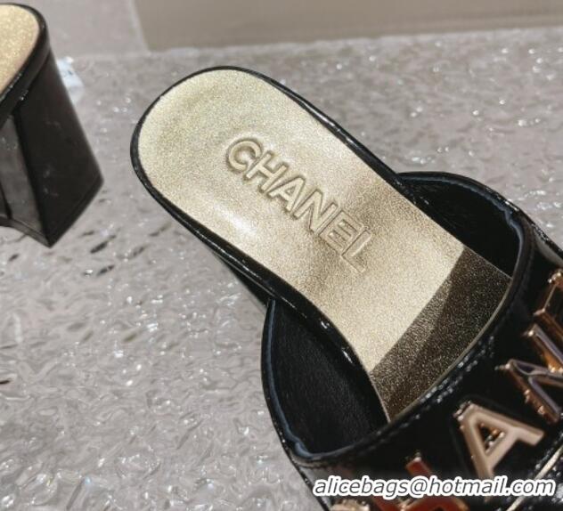 Low Cost Chanel Patent Calfskin Heel Slide Sandals 7.5cm with CHANEL Charm Black 527001