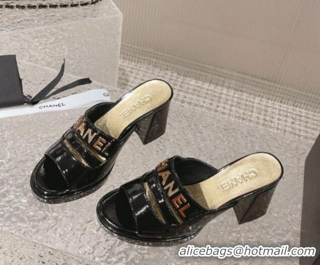 Low Cost Chanel Patent Calfskin Heel Slide Sandals 7.5cm with CHANEL Charm Black 527001