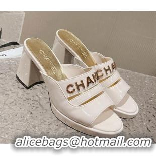 Top Grade Chanel Patent Calfskin Heel Slide Sandals 7.5cm with CHANEL Charm White 527002