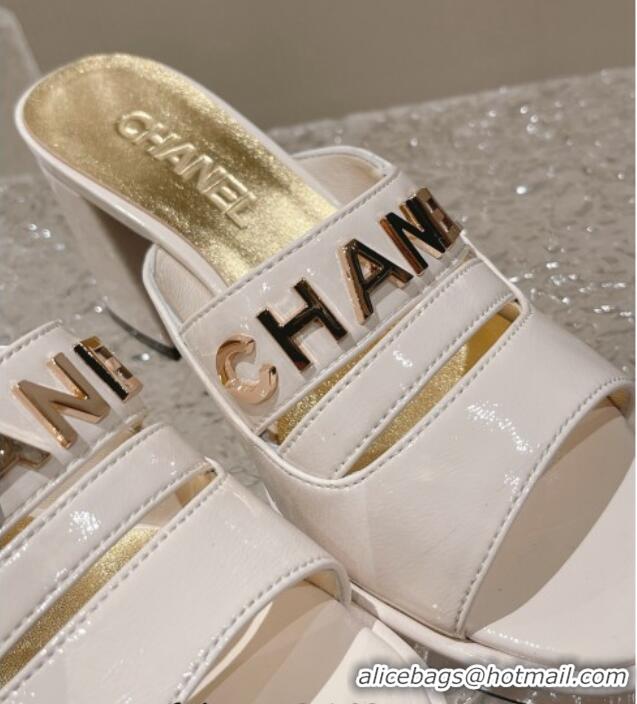 Top Grade Chanel Patent Calfskin Heel Slide Sandals 7.5cm with CHANEL Charm White 527002