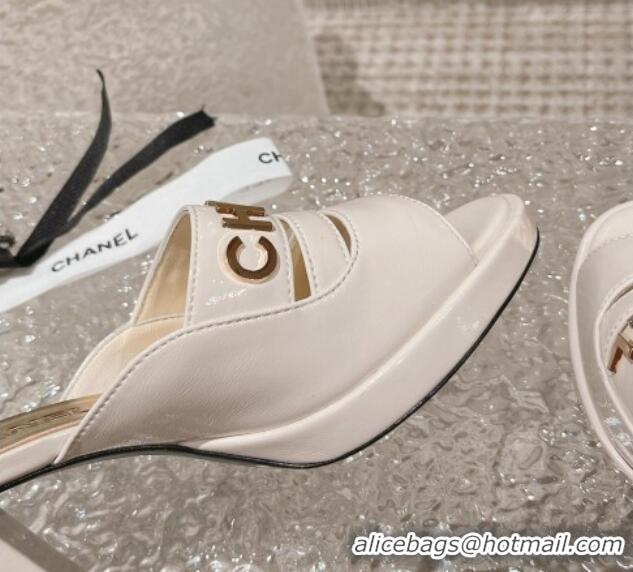 Top Grade Chanel Patent Calfskin Heel Slide Sandals 7.5cm with CHANEL Charm White 527002