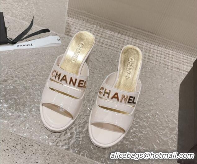 Top Grade Chanel Patent Calfskin Heel Slide Sandals 7.5cm with CHANEL Charm White 527002