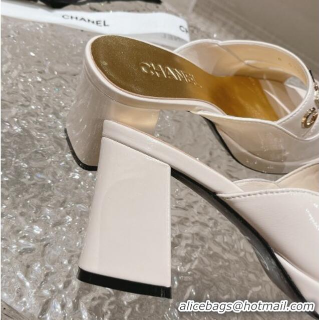 Top Grade Chanel Patent Calfskin Heel Slide Sandals 7.5cm with CHANEL Charm White 527002