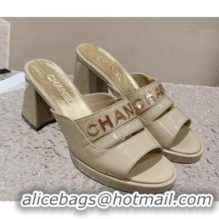 Best Grade Chanel Patent Calfskin Heel Slide Sandals 7.5cm with CHANEL Charm Beige 527003