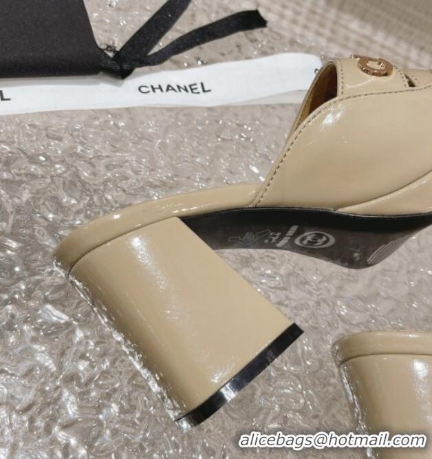 Best Grade Chanel Patent Calfskin Heel Slide Sandals 7.5cm with CHANEL Charm Beige 527003