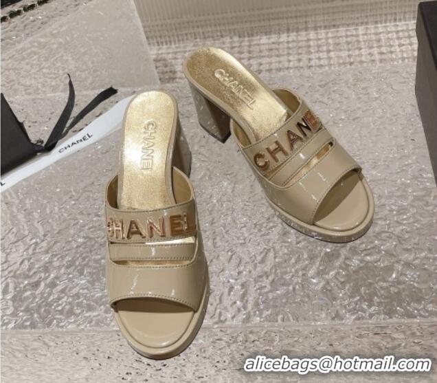 Best Grade Chanel Patent Calfskin Heel Slide Sandals 7.5cm with CHANEL Charm Beige 527003